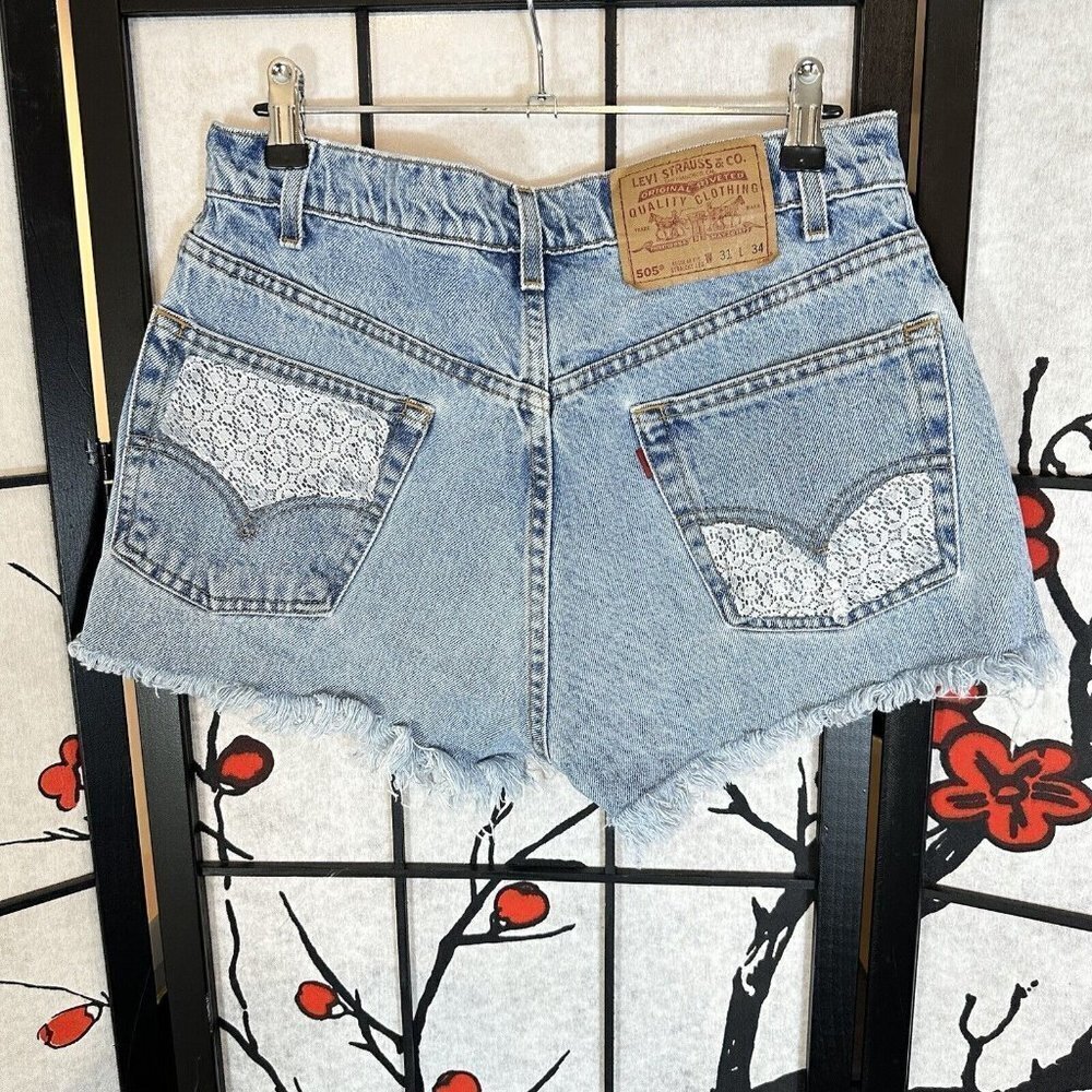 Levi's 505 Cut Off Shorts Size 31 Vintage 90s Blue High Rise Custom Lace Details